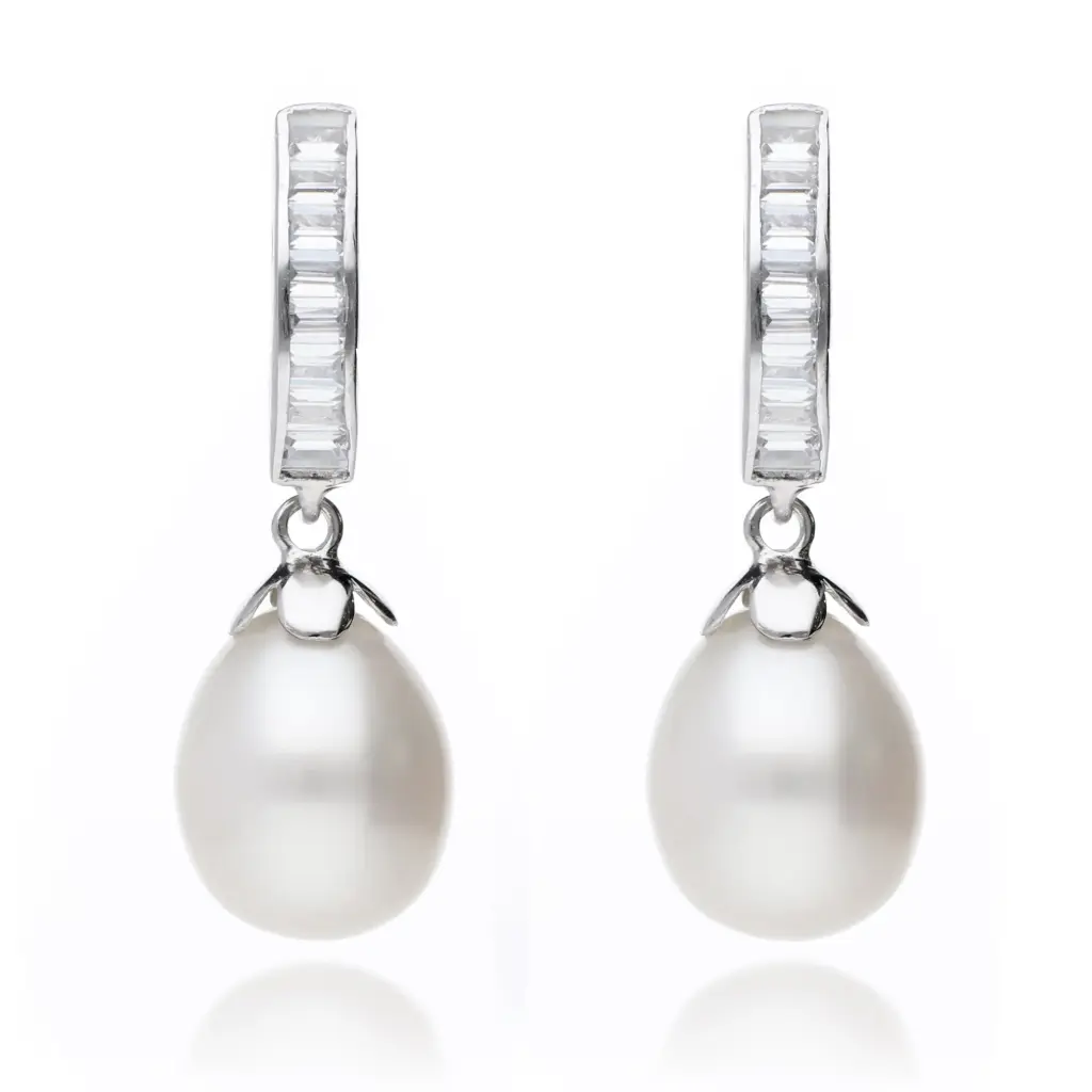 Pendientes Presión Perla Largos Oro Blanco