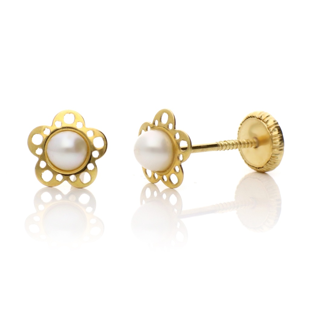 Pendientes Tuerca Flor Calada Perla