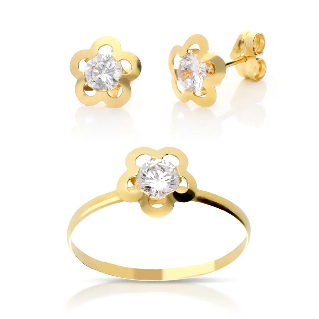 Juego Presión Circonita Flor Oro Amarillo