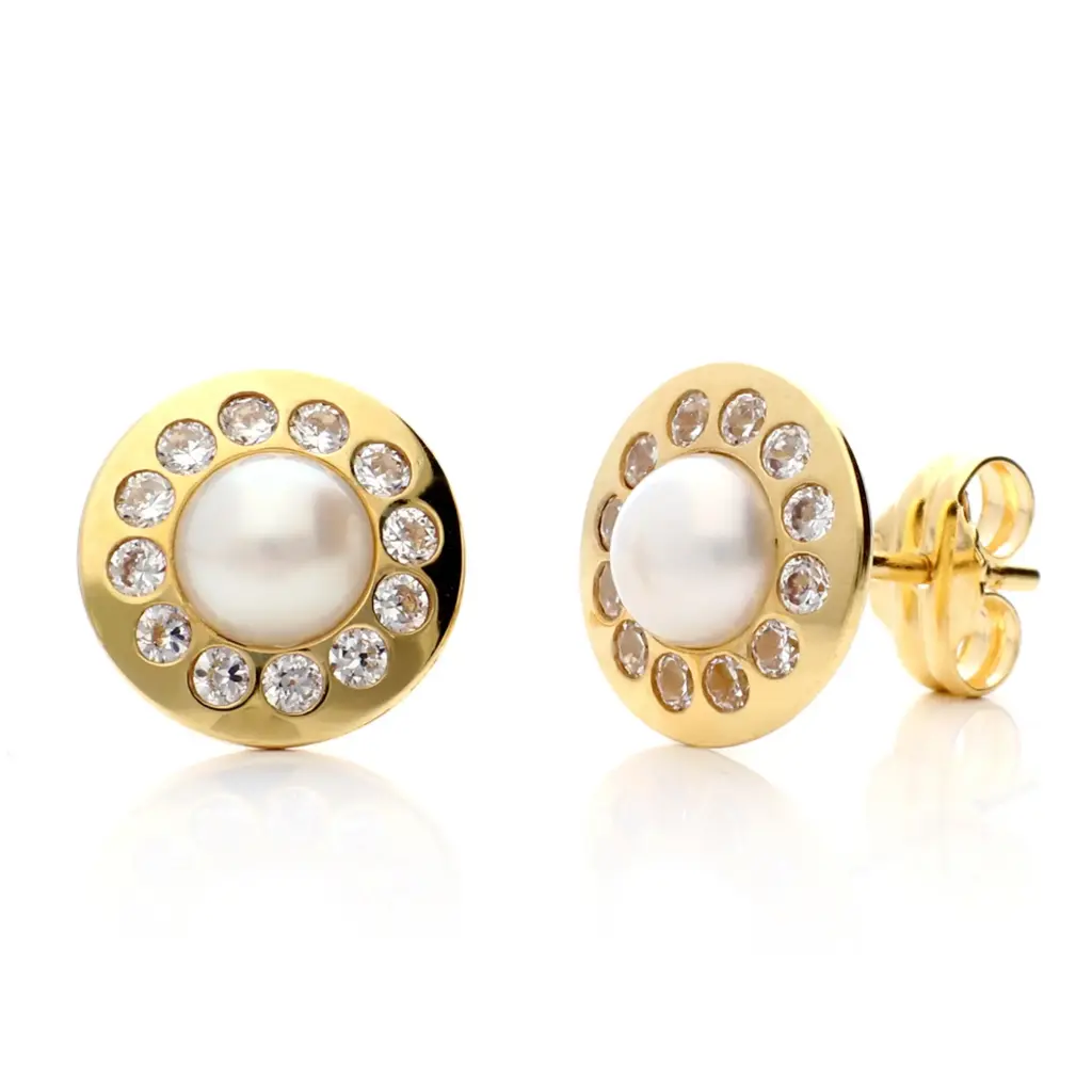 Pendientes Presión Redondos Perla Oro Amarillo