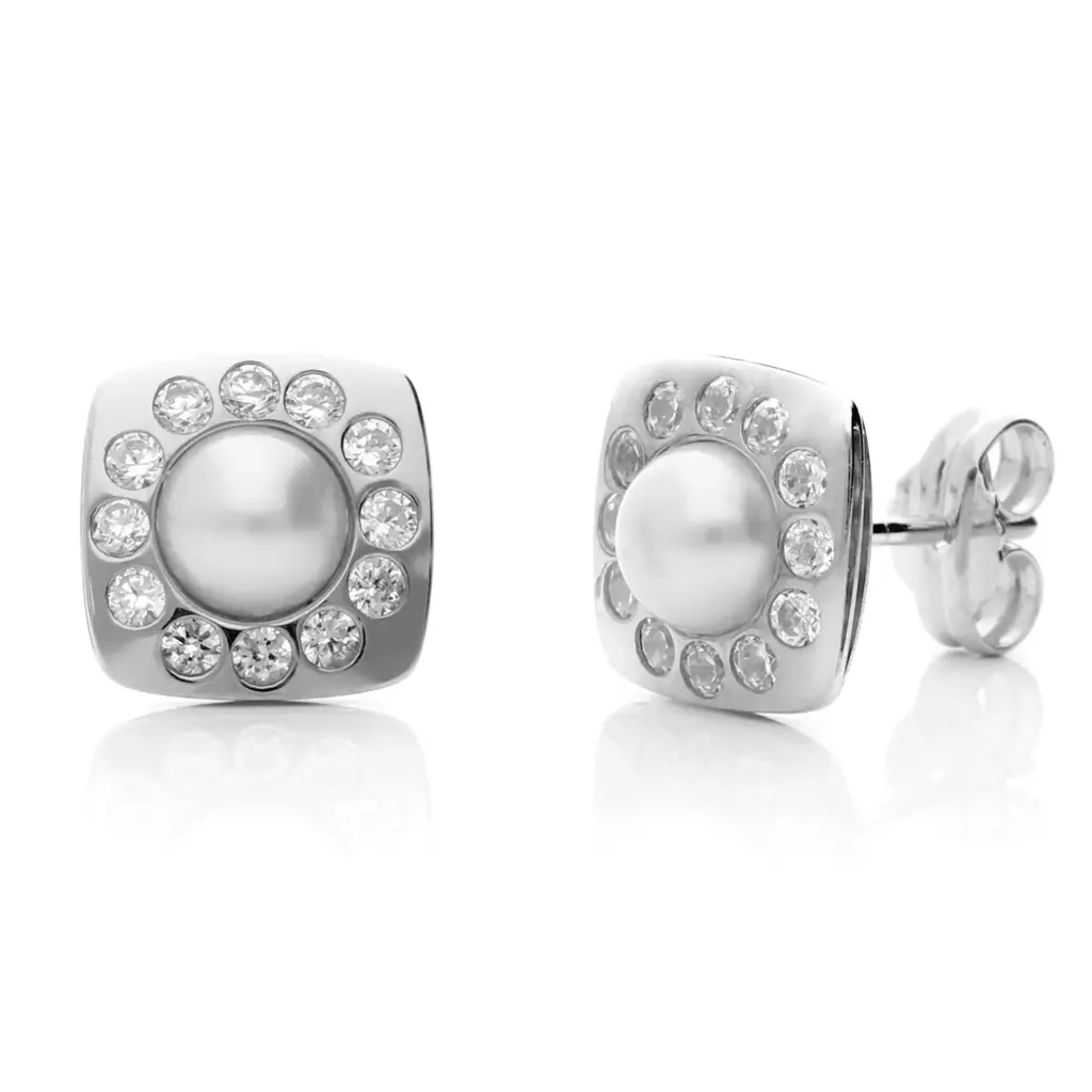 Pendientes Presión Cuadrados Perla Oro Blanco