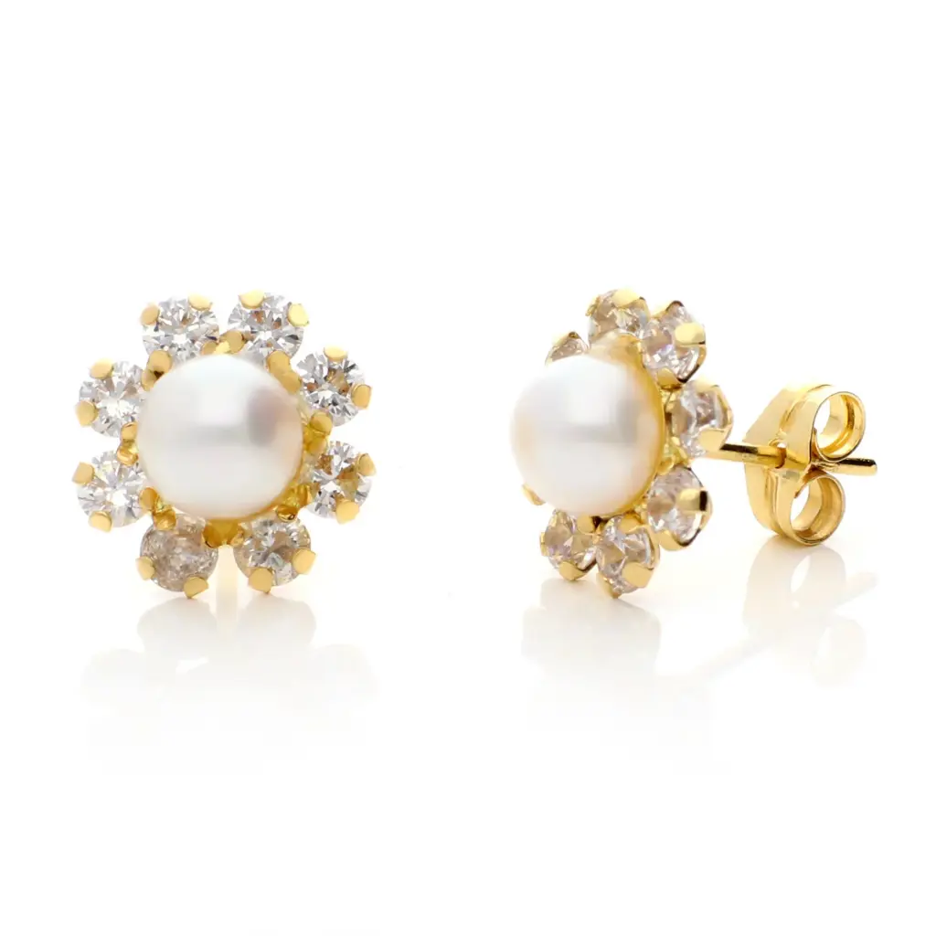 Pendientes Presión Flor Perla Circonitas