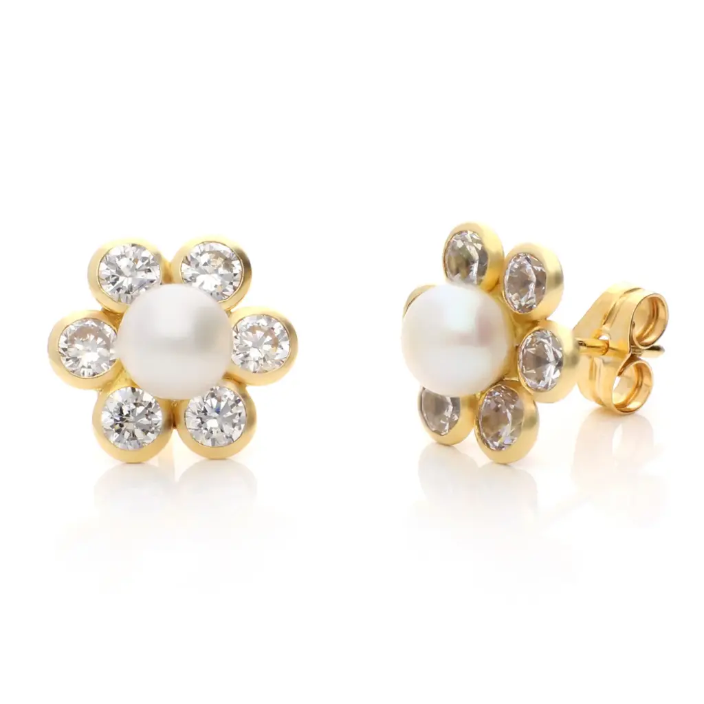 Pendientes Presión Flor Perla Circonitas