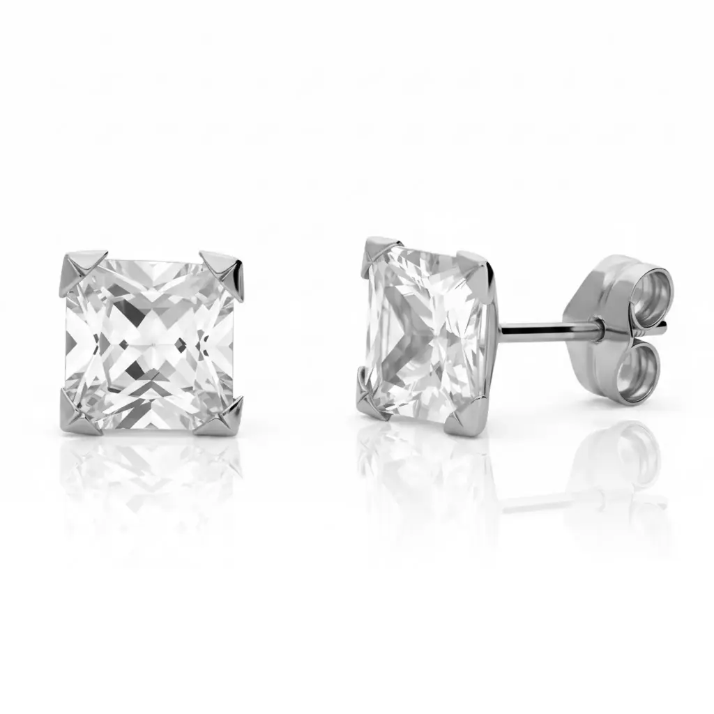 Pendientes Presión Circonita Cuadrada 4 Garras Oro Blanco