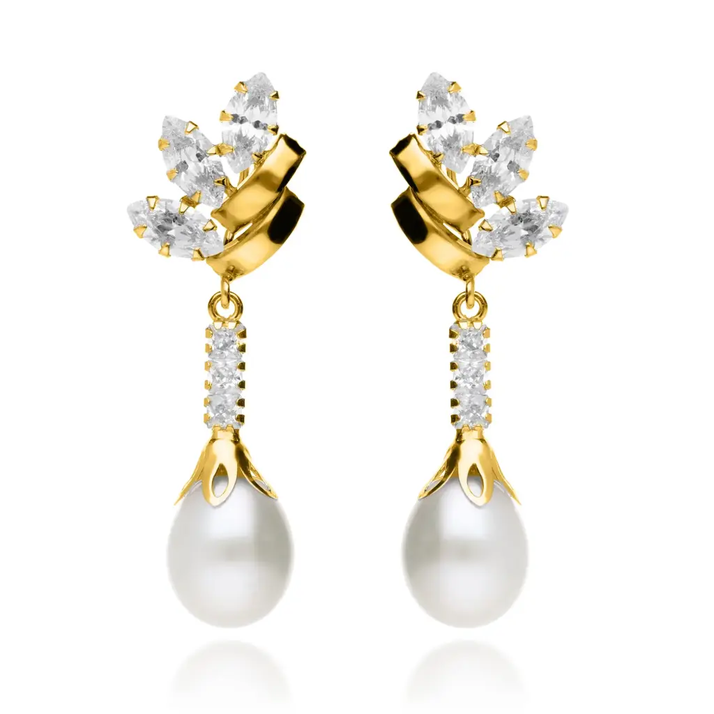 Pendientes Presión Largos Circonitas con Perla Oro Amarillo