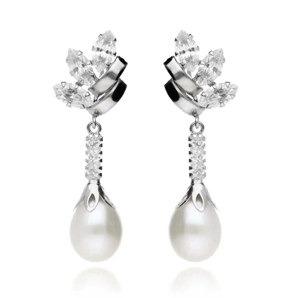 Pendientes Presión Largos Circonitas con Perla Oro Blanco