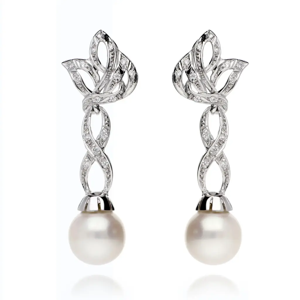 Pendientes Omega Largos con Perla Oro Blanco