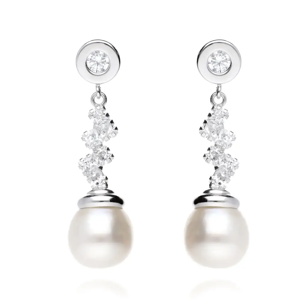Pendientes Presión Largos con Perla Oro Blanco