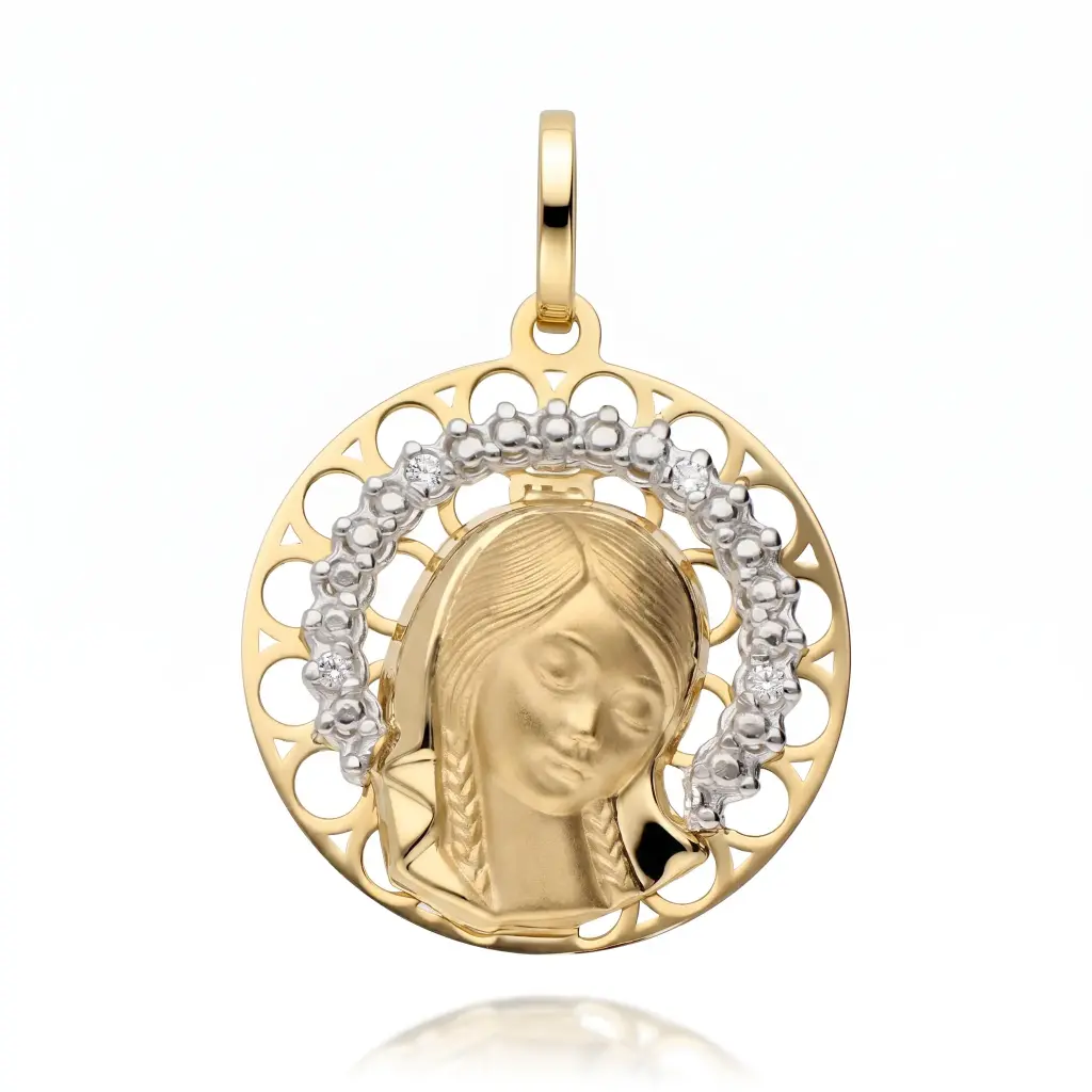 Medalla Virgen Niña Redonda Calada con Circonitas
