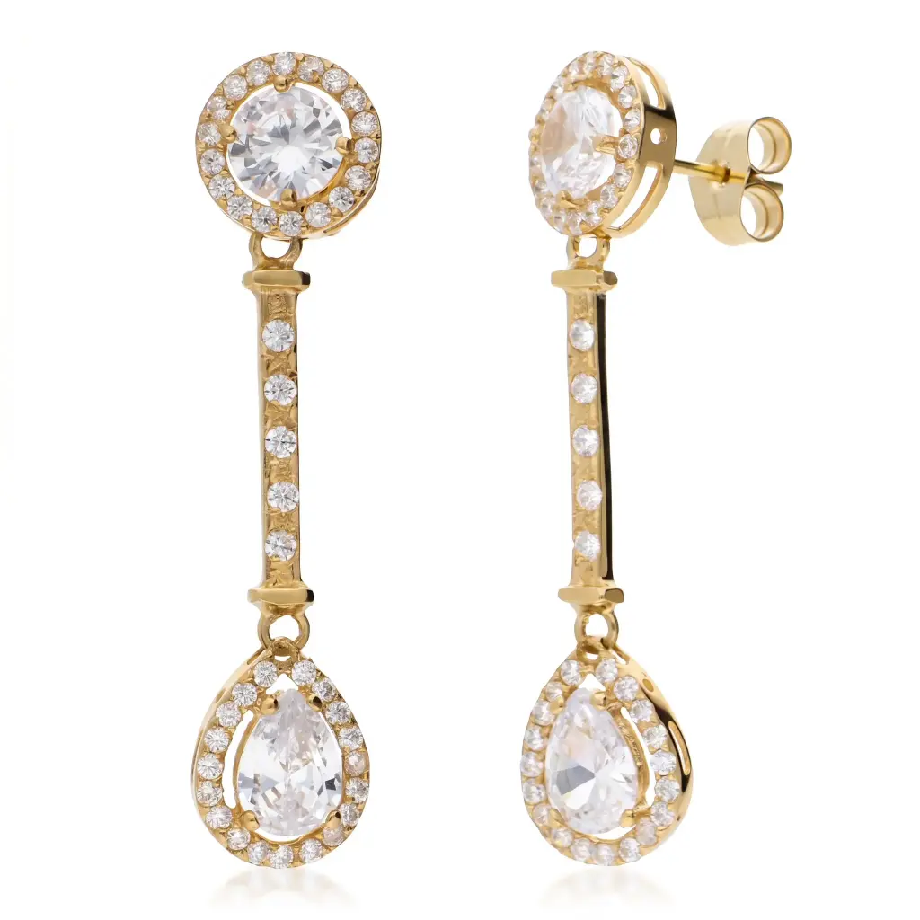 Pendientes Presión Largos con Circonitas Oro Amarillo