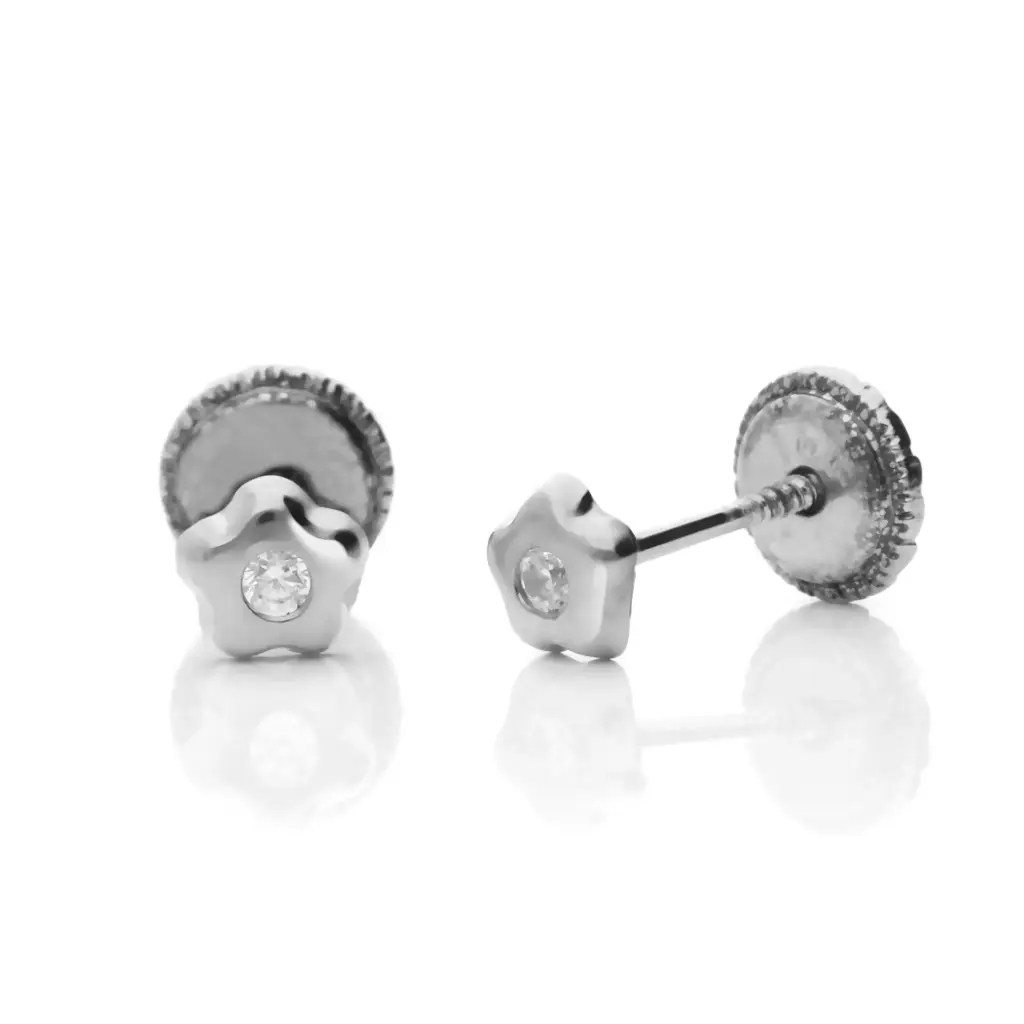 Pendientes Tuerca Flor con Circonita Oro Blanco