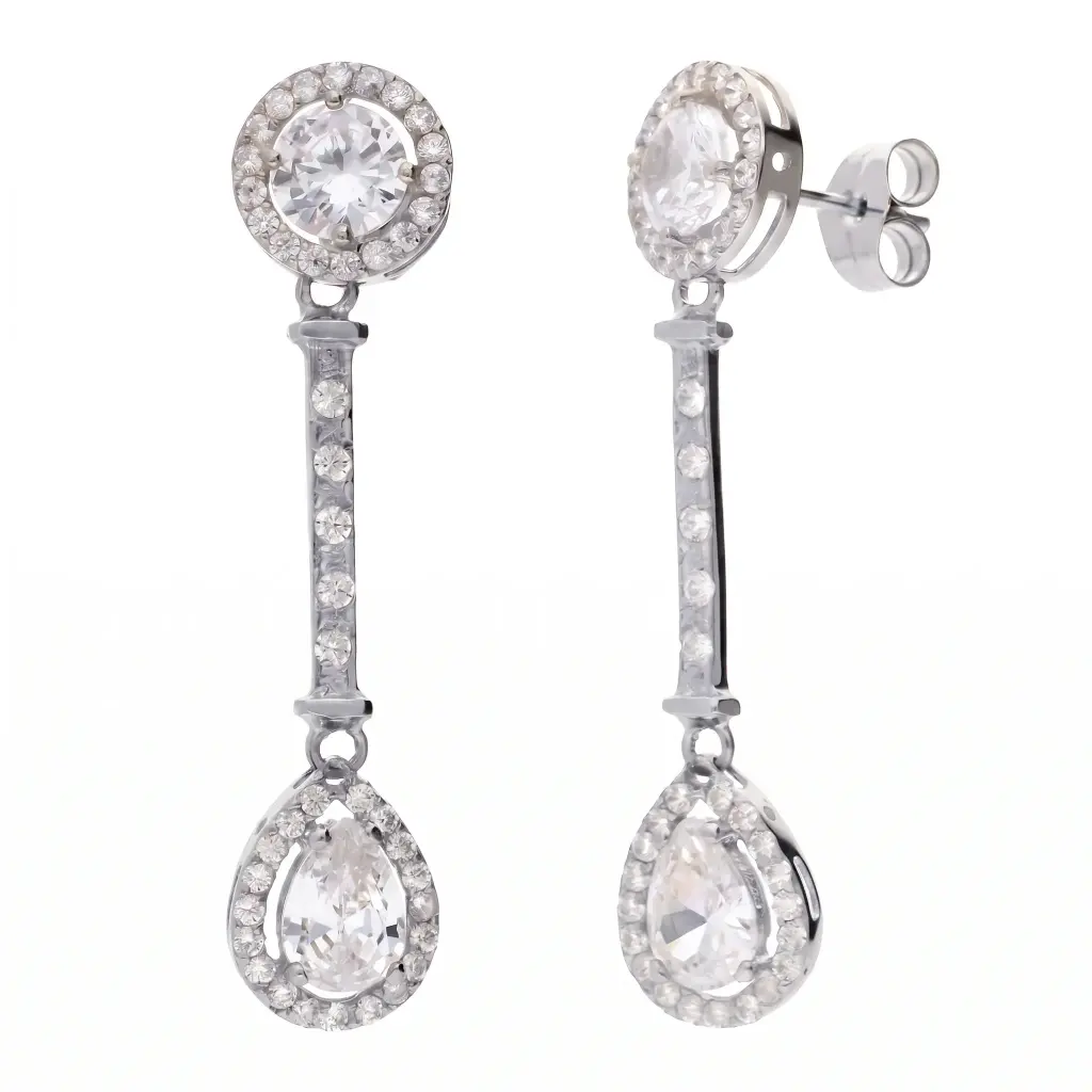 Pendientes Presión Largos con Circonitas Oro Blanco