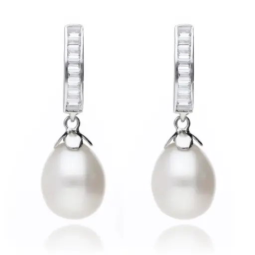 [8407 OBL] Pendientes Presión Perla Largos Oro Blanco