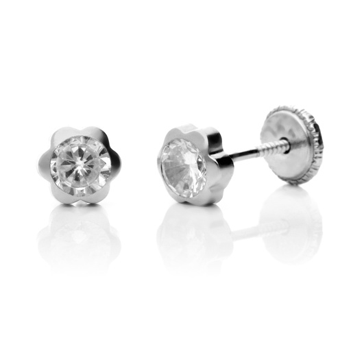 [7014 OBL] Pendientes Tuerca Chatón Flor Oro Blanco