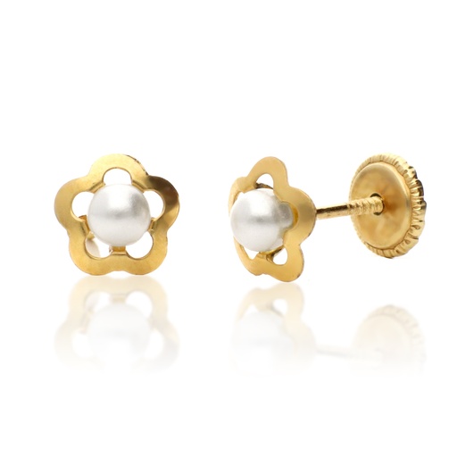[8373 Perla] Pendientes Tuerca Perla Flor Cerco