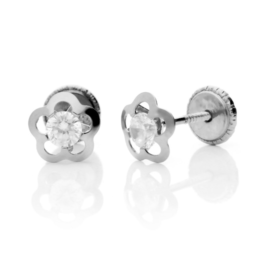[7190 OBL] Pendientes Tuerca Flor Circonita Oro Blanco
