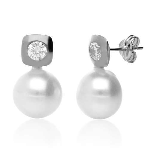 [8362 OBL] Pendientes Presión Perla Cuadrado Oro Blanco