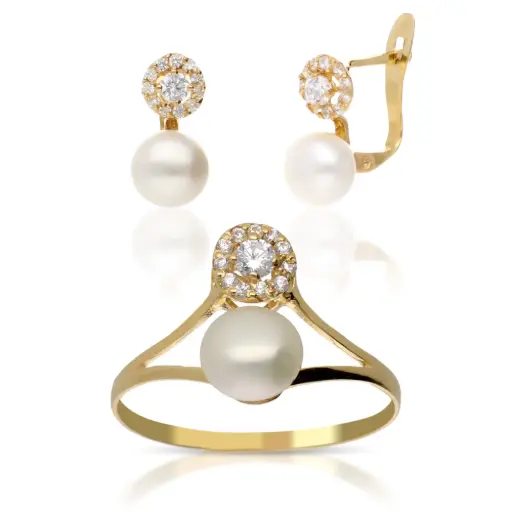 [4216 P S OA] Juego Catalán Circonitas Perla Oro Amarillo