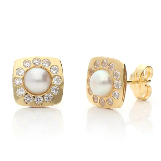 [4008p OA] Pendientes Presión Cuadrados Perla Oro Amarillo