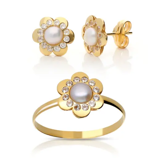 [4009 P S OA] Juego Presión Flor Perla Oro Amarillo 