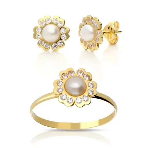 [4027 P S OA] Juego Presión Trébol Perla Oro Amarillo 