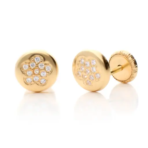 [7085] Pendientes Tuerca Redondo Flor Engaste