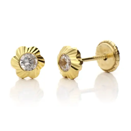 [7382-3] Pendientes Tuerca Flor Tallada con Circonita