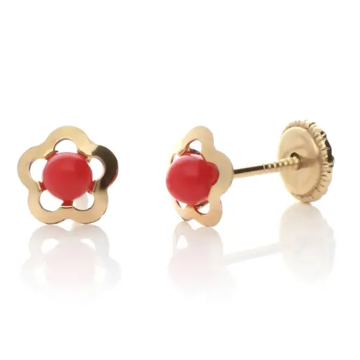 [8373 Coral] Pendientes Tuerca Coral Flor Cerco