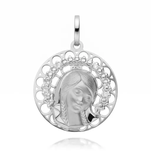 [6611 OBL] Medalla Virgen Niña Redonda Calada con Circonitas Oro Blanco
