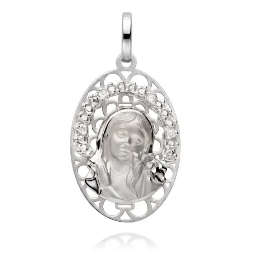 [6610 OBL] Medalla Virgen Niña Oval Calada con Circonitas Oro Blanco