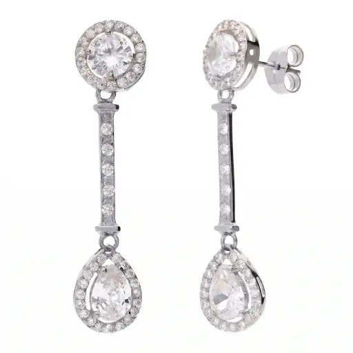 [7171 OBL] Pendientes Presión Largos con Circonitas Oro Blanco