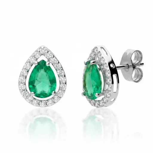 [4344 P OBL Verde] Pendientes Presión Engaste Color Oro Blanco